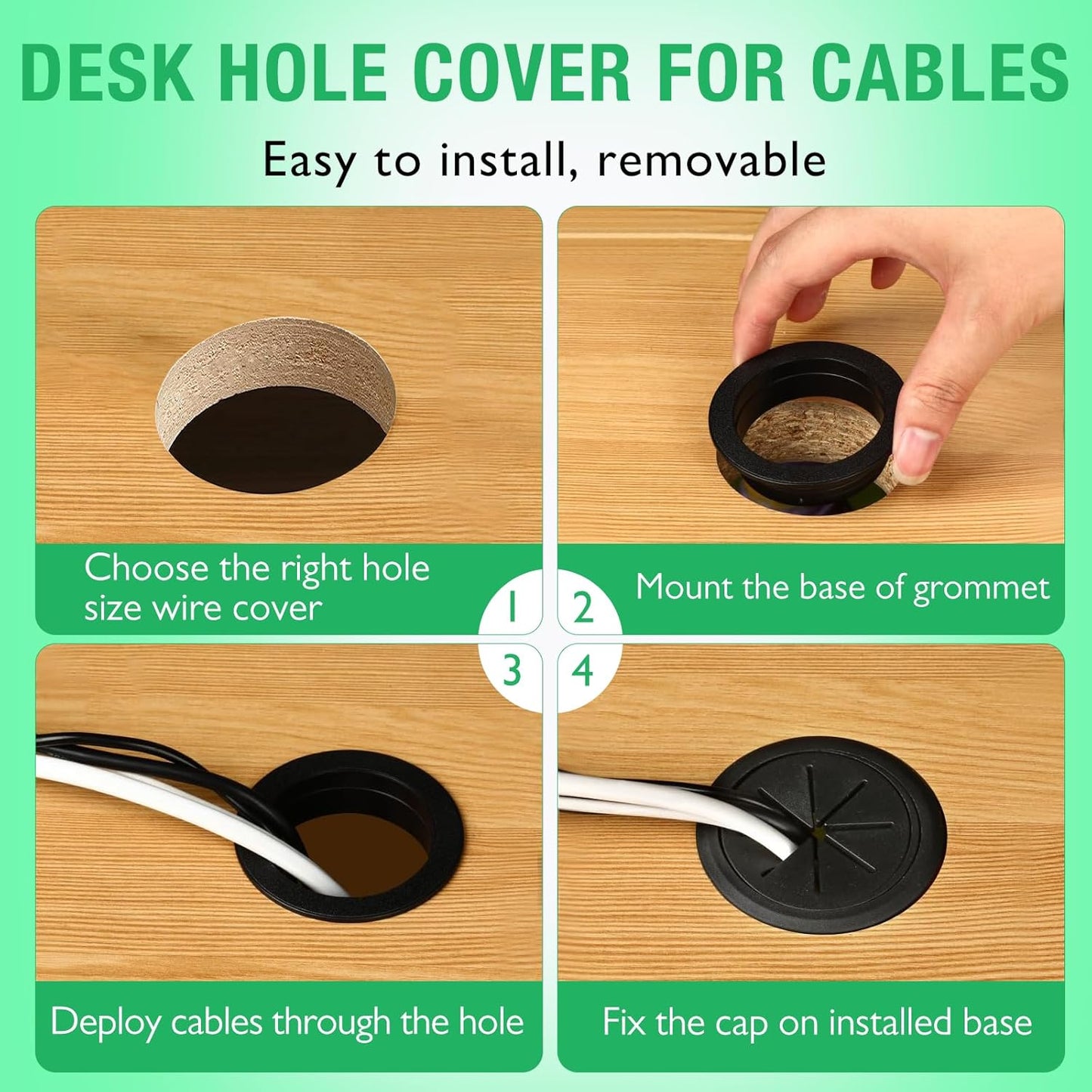 10 Pcs Desk Grommet 2" / 50 mm, Desk Hole Cover for Cables Black, Cable Grommet ABS Plastic, Desk Hole Grommet for Home & Office Pc, Detachable Cable Cord Organizer