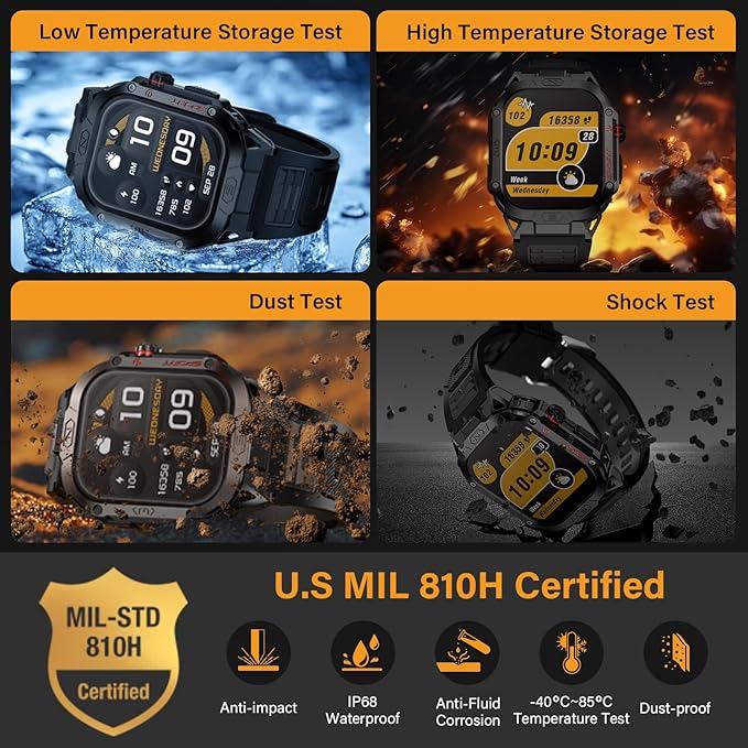 Military Smart Watch for Men, 2.02" Outdoor Sport Smartwatch with Flashlight, Heart Rate Blood Oxygen Blood Pressure Sleep, 100+ Sport Modes Fitness Tracker Compatible Android and iOS Black