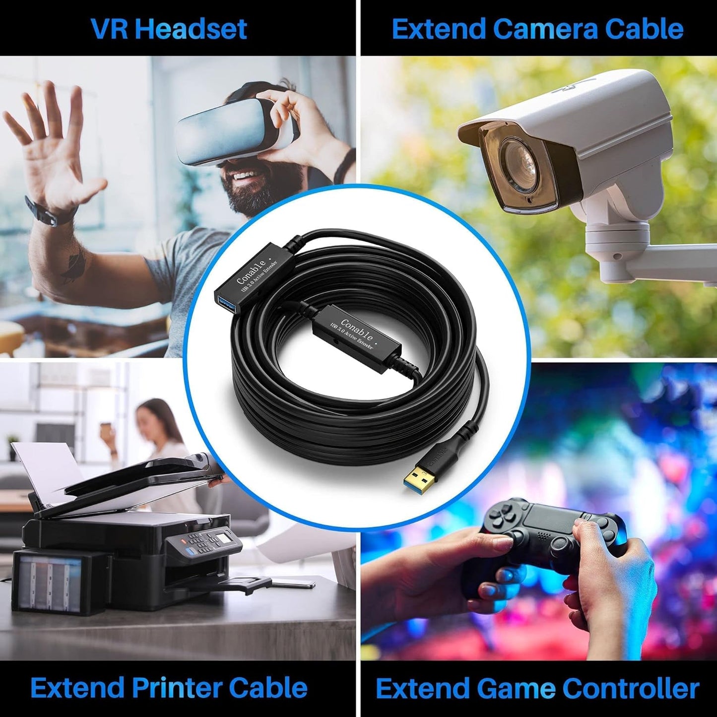 USB 3.0 Active Extension Cable 50 Feet, Long USB Type-A Male to Female Extender Cord, Built-in 2 Signal Booster Smart Chips, 5Gbps Transfer, Black USB Extension Cable with an AC Power Adapter (5V 2A)