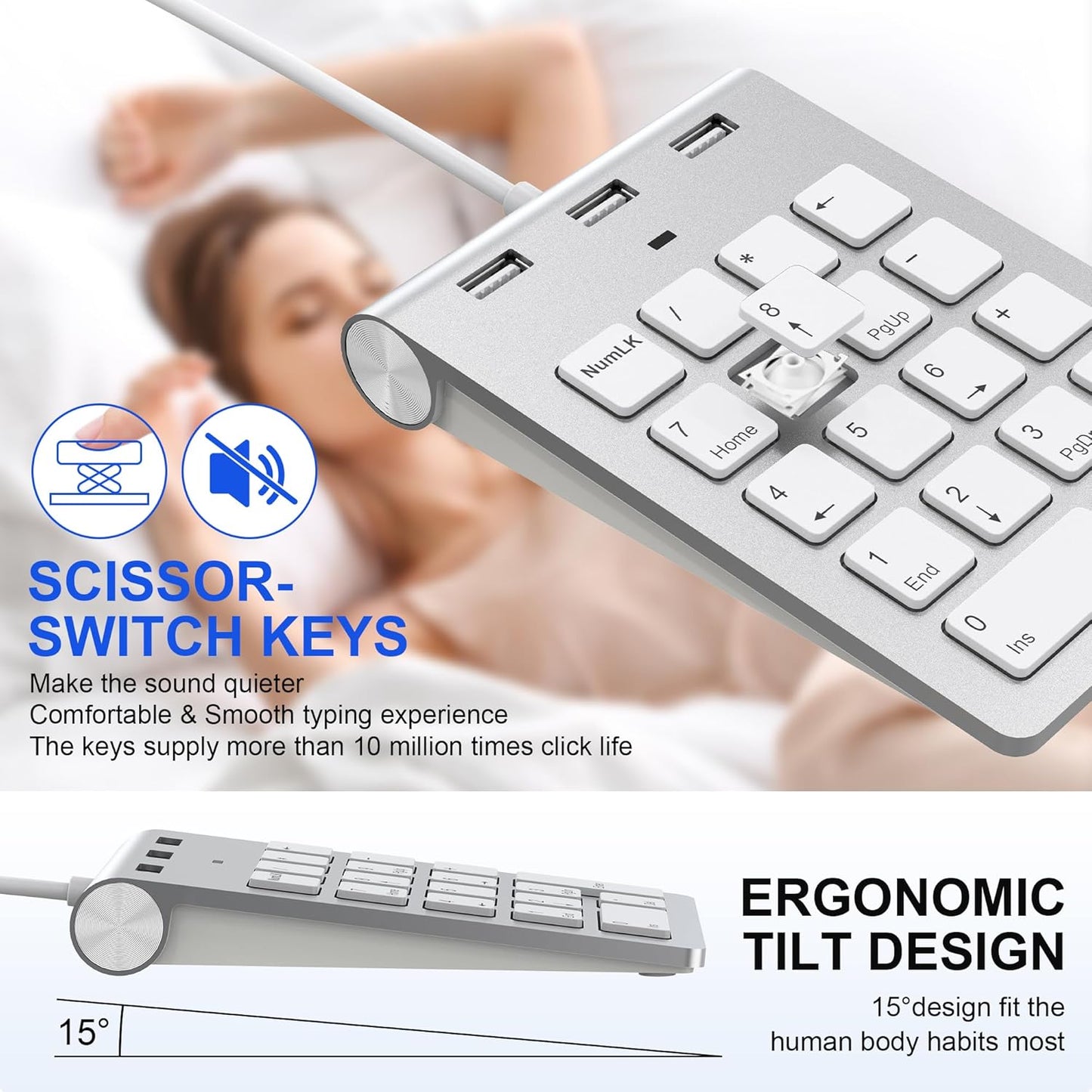 Wired USB C/A Number Pad - Numeric Keypad & Hub with 3 USB2.0 Ports - Portable Slim 18 Key Number Keypad Keyboard for Laptop PC Pad Surface MacBook, Wired Numeric Keypad with Type C & USB Cable 1.6Ft