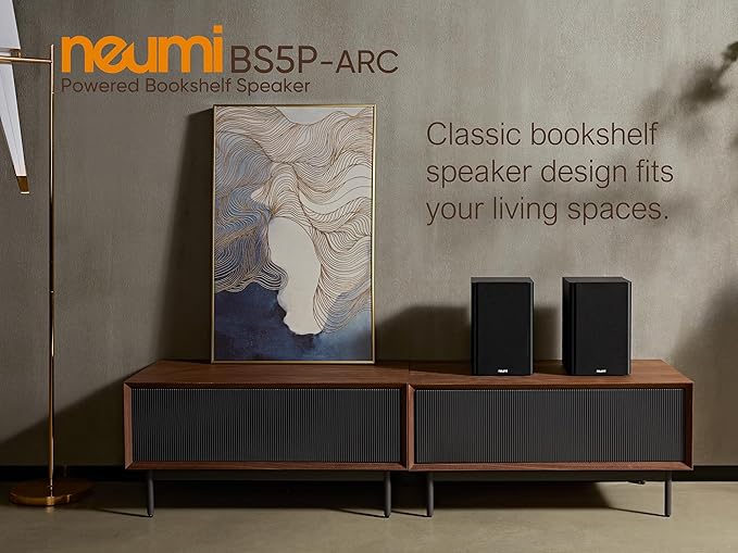 NEUMI BS5P-ARC 75-Watt Powered Bookshelf Speakers, Bluetooth, HDMI, USB, Optical, Coaxial, Remote Control, 5-Inch Woofer, 1-Inch Tweeter, Dark Wood, 1 Pair
