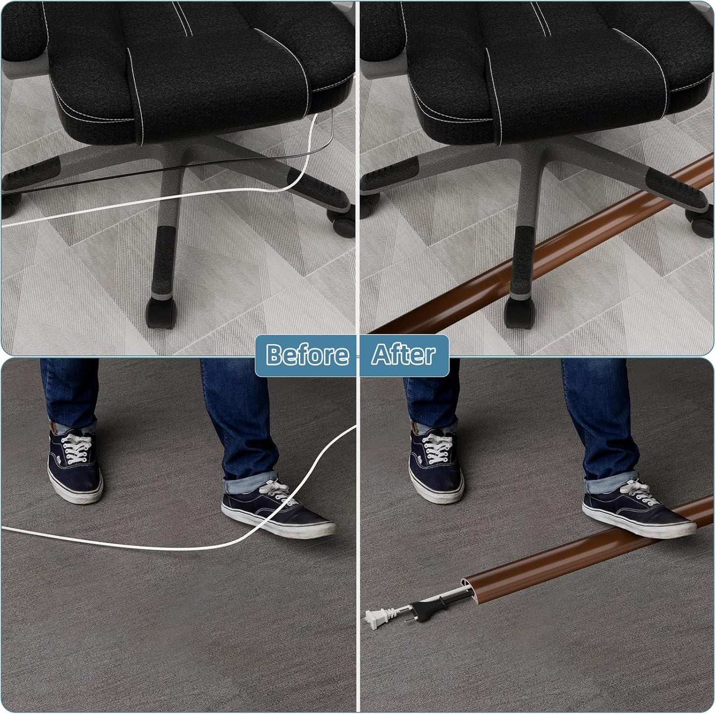 4ft Side Buckle Floor Cord Cover for Wires, Selfadhesive Extension Cord Hider Easy Floor Cable Management Prevent Cable Trips,Silicone Floor Wire Covers for Cords, Cable Protector Cord Cavity(Brown)
