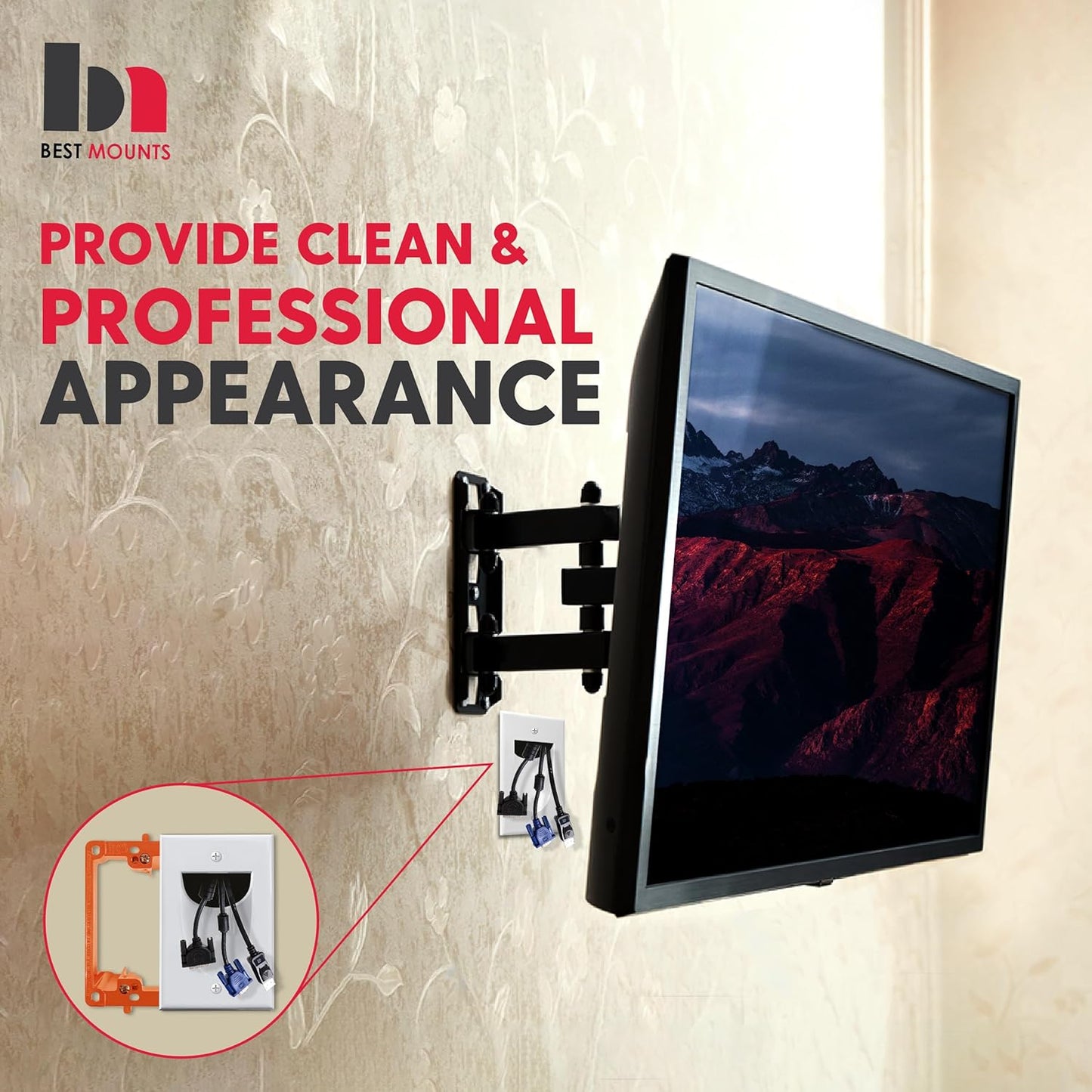BestMounts - 1 Pack In Wall Cable Management Kit - Recessed Wall Plate Cable Pass Through Pair with Single Gang Low Voltage Mounting Bracket - TV Cord Hider for Wall Mounted TV ETL Listed