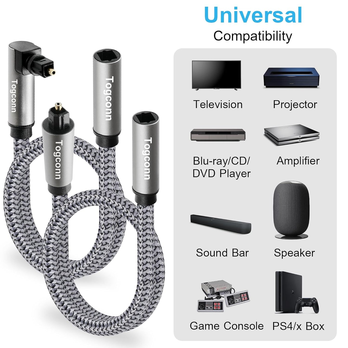 Optical Extension Fiber Digital Cable Adapter 0.6 Feet(2 Pack), 90 Degree Right Angle & Straight Male to Female Coupler, Toslink Audio Cable, Nylon Braided for Home Theater, Soundbar, TV and More