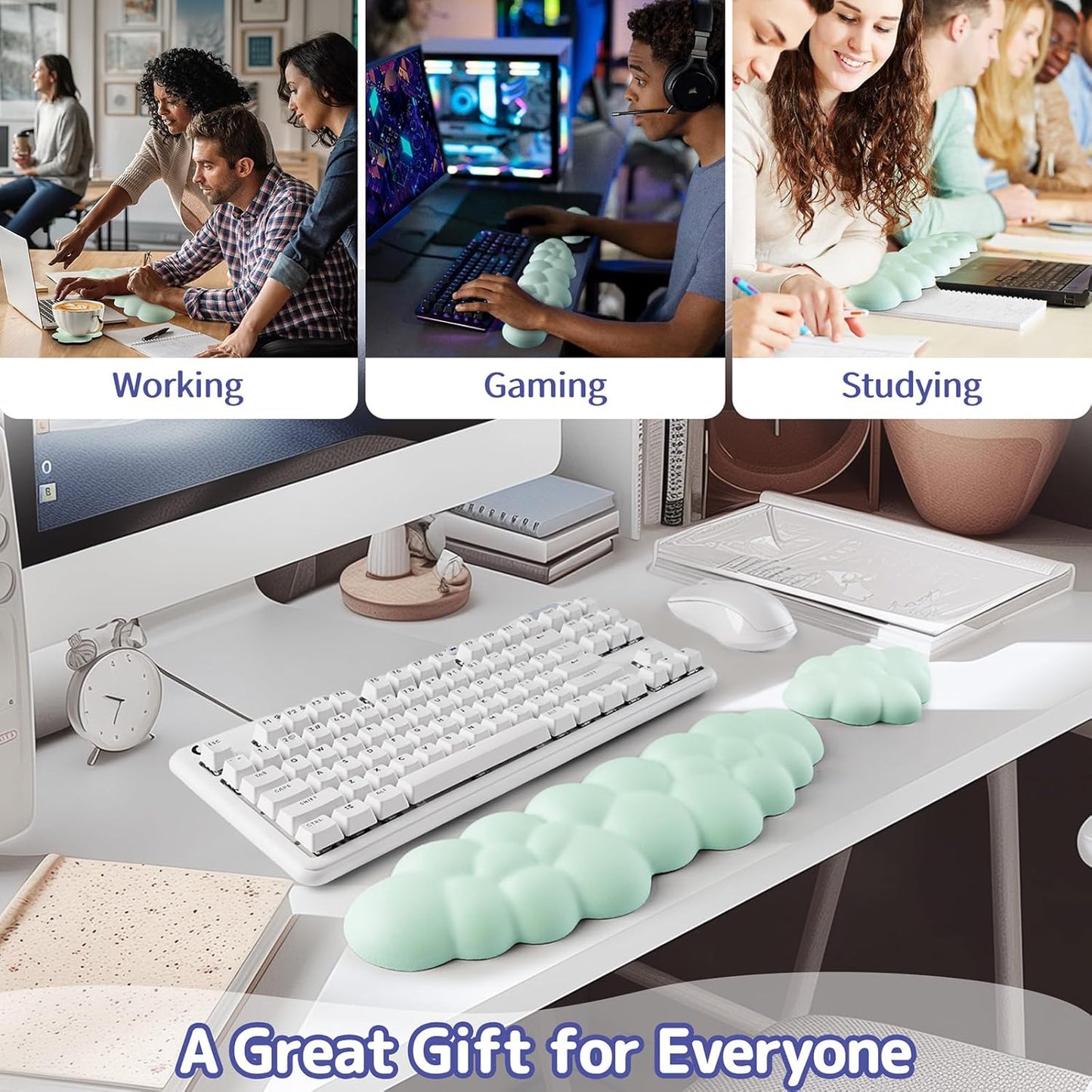 Cloud Wrist Rest Keyboard, Cloud Keyboard Wrist Pad Set with PU Leather Memory Foam, Cute Arm Rest for Palm Support, PC/Gaming Desk Accessories/Office Setup/Computer Hand Cushion - Light Green