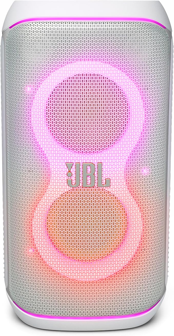 JBL PartyBox Club 120 - Portable Party Speaker with Foldable Handle, Powerful JBL Pro Sound, Futuristic lightshow, Up to 12 Hours of Play time, Splash Proof, Dual Mic & Guitar Inputs (White)