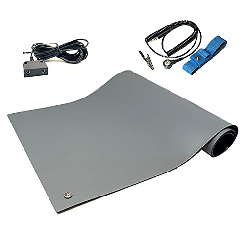 RubberStat Dual Layer ESD Compliant Workstation Rubber Table Mat Kit, Soldering, Cell Phone Repair, with Wrist Strap Set and Ground Cord - 36"x36" Grey