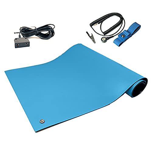 RubberStat Dual Layer ESD Compliant Workstation Rubber Table Mat Kit, Soldering, Cell Phone Repair, with Wrist Strap Set and Ground Cord - 30"x16" Blue
