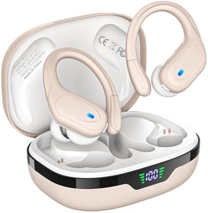 Wireless Earbuds, Sports Bluetooth Headphones, 80Hrs Playtime Ear Buds with LED Power Display, Noise Canceling Headset, IPX7 Waterproof Earphones for Workout/Running (Camel)