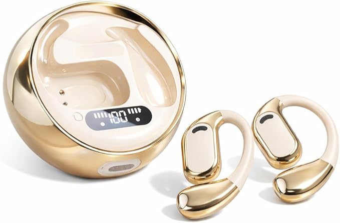 Open Ear Earbuds Wireless Earbuds Bluetooth 5.4, LED Display Bluetooth Earphone for Workout/Running, AI Noise Reduction Touch Controls, 72hr Playtime,Waterproof(Gold)