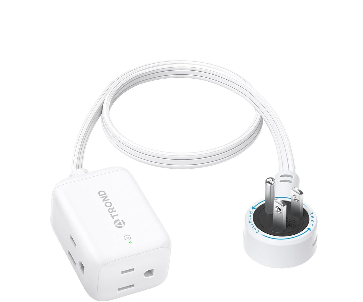 TROND 360° Rotating Flat Plug Extension Cord Surge Protector 1.5ft, Small Power Strip with 900 Joules, 3 Side Grounded Outlets, 13A, SPT 16/3 Gauge Wire for Indoor Home Office Dorm Room Travel, White