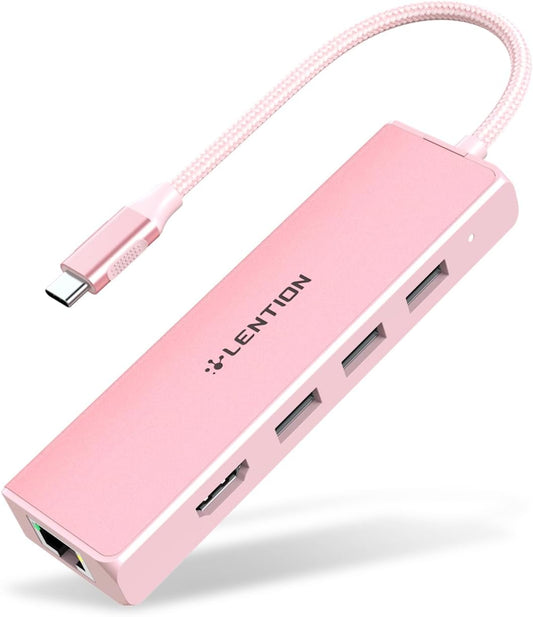 LENTION USB C Hub with Gigabit Ethernet Adapter, 4K HDMI, 3 USB 3.0 Port for 2024-2016 MacBook Pro 13/14/15/16, New Mac Air & Surface, Chromebook, More, Stable Driver Certified (CB-C25, Rose Gold)