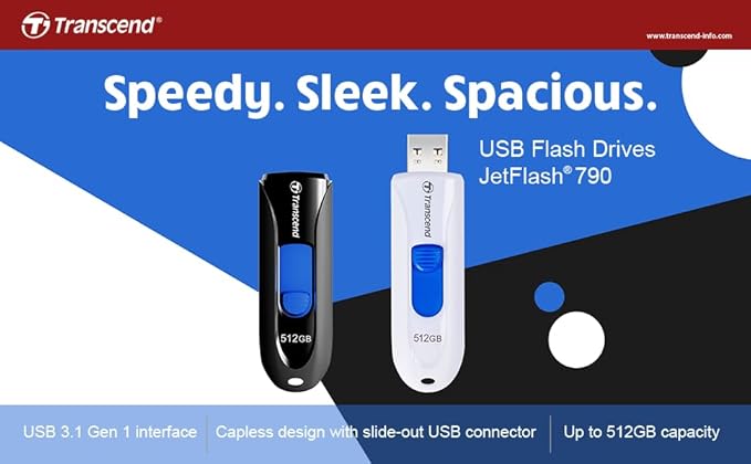 Transcend JF790 128GB USB Flash Drive, for PC/Mac/Laptop/Windows/Computer/ Desktop/TV/Car Audio, USB3.2 Gen1 Memory Stick, Thumb Drives Data Storage w/ Retractable Connector, USB2.0/3.0/3.1 Compatible