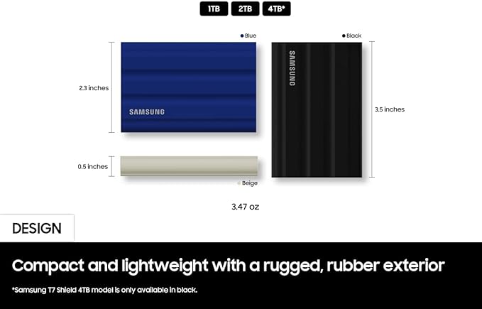 Samsung T7 Shield 1TB, up to 1050MB/s, USB 3.2 Gen2, Rugged, IP65 Rated, for Photographers, Content Creators and Gaming, Portable External Solid State Drive (MU-PE1T0S/AM, 2022), Black