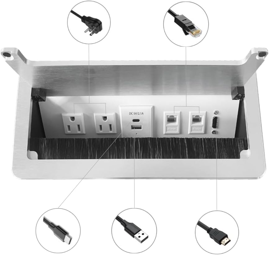 ZESHAN Conference Table Power hub Conference Table connectivity Box with 45 Degree Angle Convenient Plug-in Socket, Power Fully Enclosed Bottom Box Power Socket, USB, Type C, HDMI, RJ45, Silver