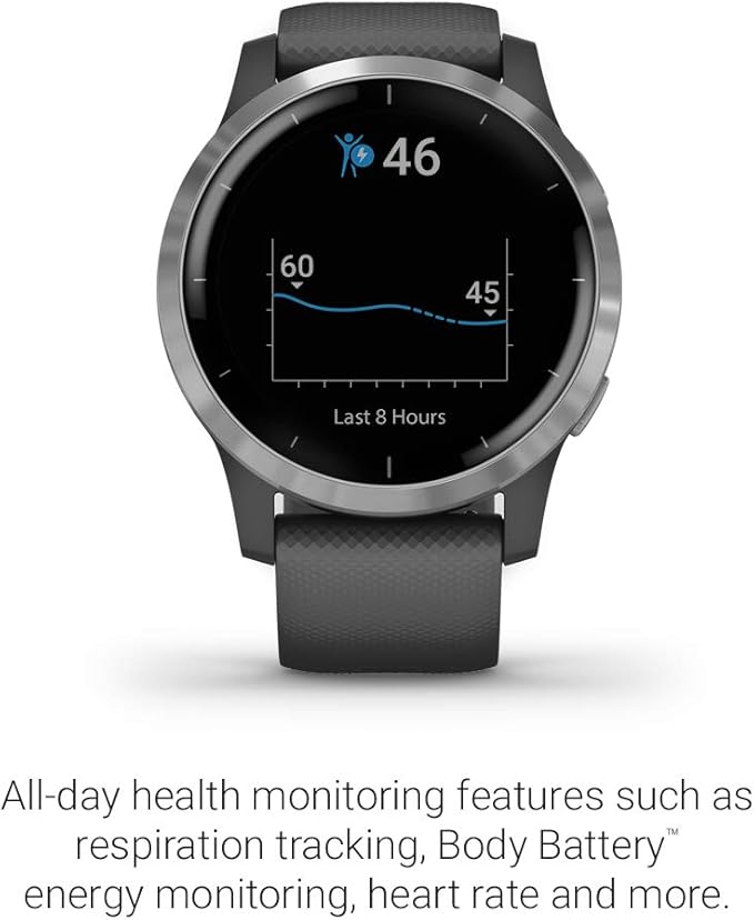 Garmin 010-02174-01 vivoactive 4, GPS Smartwatch, Features Music, Body Energy Monitoring, Animated Workouts, Pulse Ox Sensors and More, Silver with Gray Band