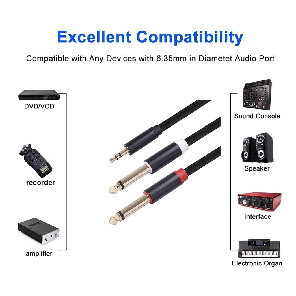 2Pack 10Ft 3.5mm 1/8" TRS to Dual 6.35mm 1/4" TS Mono Stereo Y-Cable Splitter Cord for Smartphone, Computer, CD Player, Speakers and Home Systems Amplifier