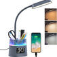WILIT LED Desk Lamp for College Dorm Room Essentials, Students Study Lamp with Charging Station, Pen Holder, Clock & RGB Night Light, Office Desk Accessories, Table Lamp for Bedroom - Gray