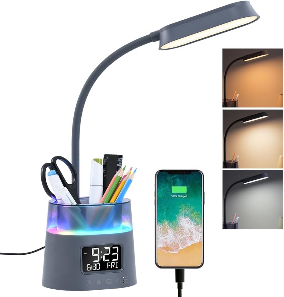 WILIT LED Desk Lamp for College Dorm Room Essentials, Students Study Lamp with Charging Station, Pen Holder, Clock & RGB Night Light, Office Desk Accessories, Table Lamp for Bedroom - Gray