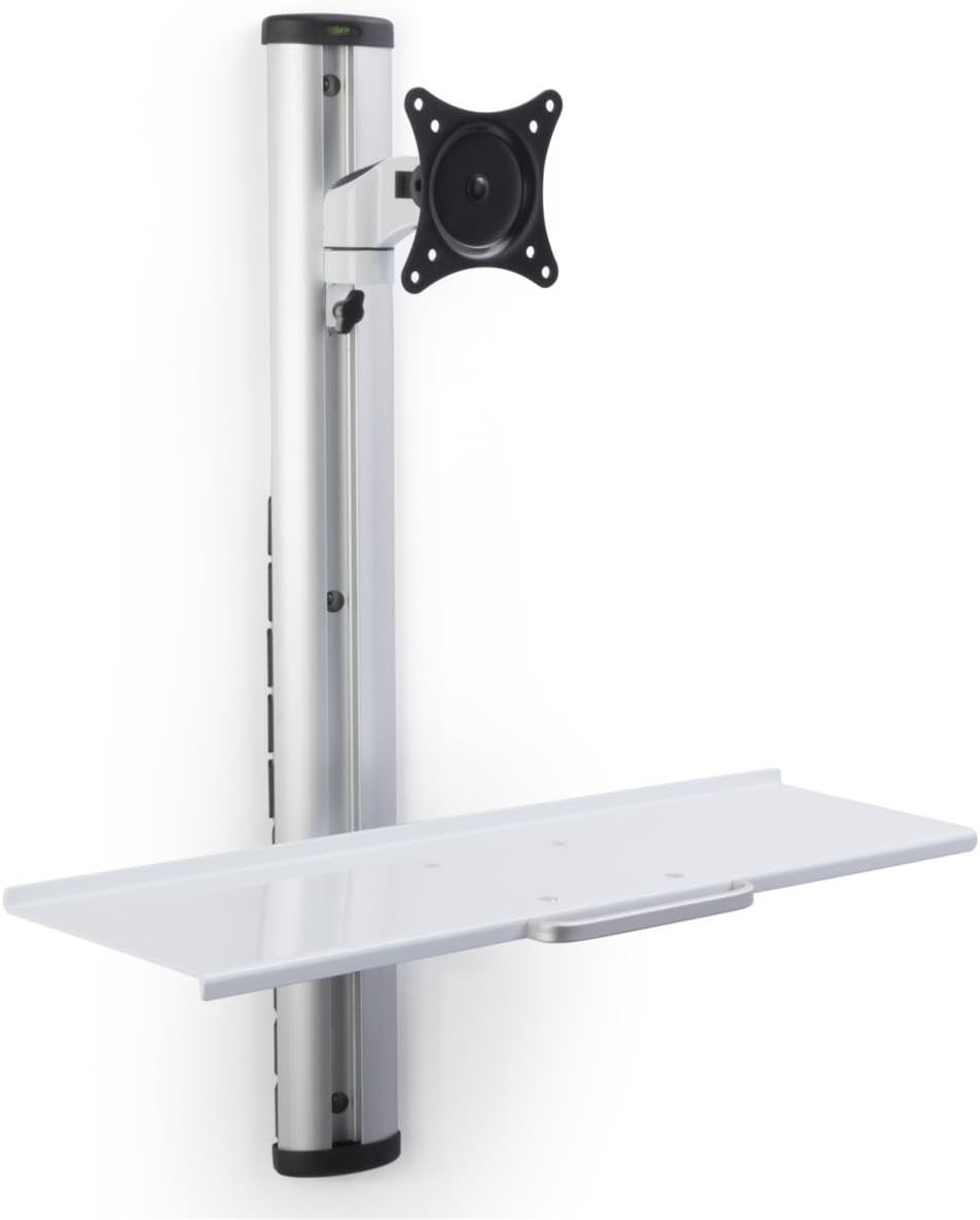 Displays2go Adjustable Monitor Display for Wall Mounting, Adjustable Height, Aluminum Build – Silver, White (VMSSWWM27)