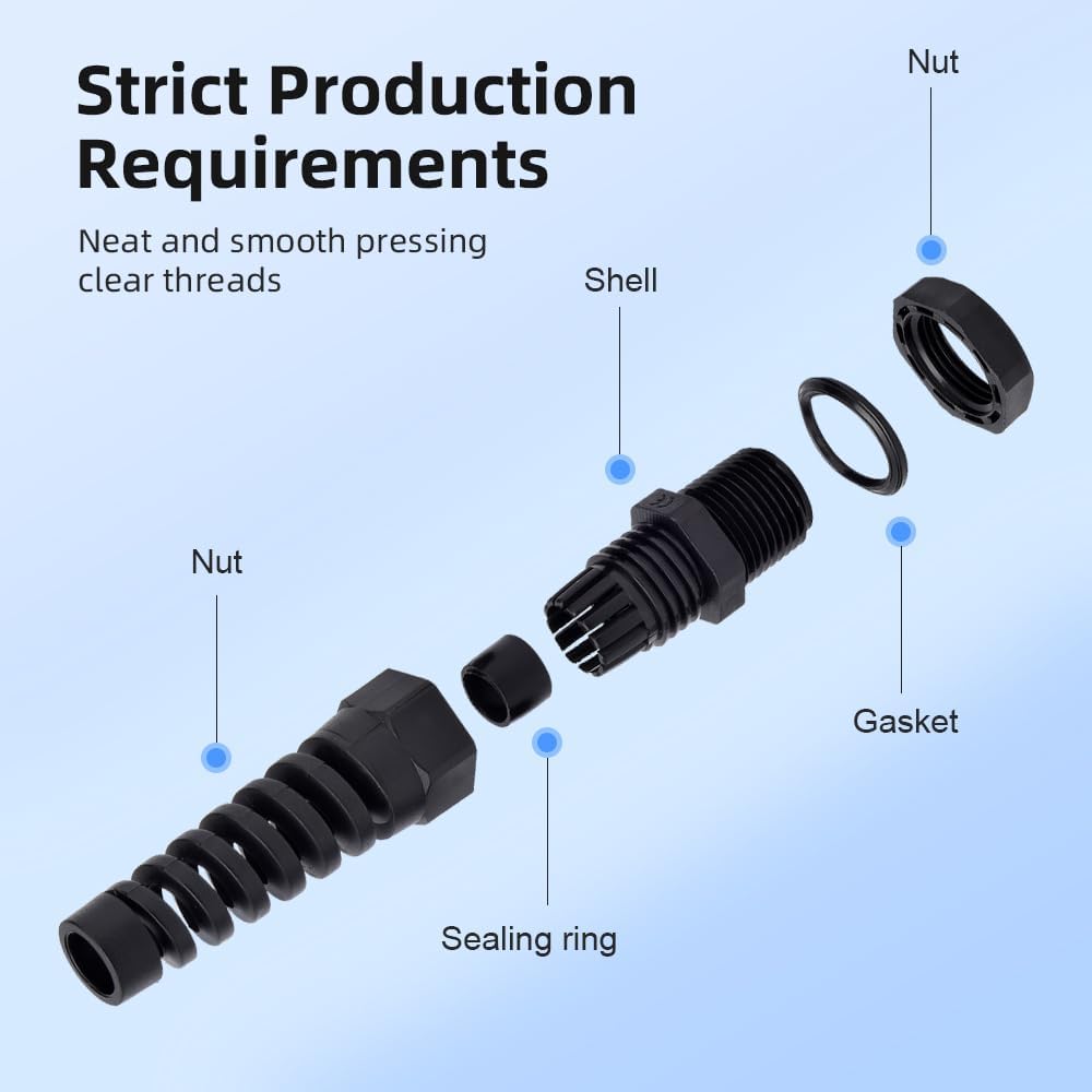 Strain Relief Cord Connector, CGELE 2 Pack NPT 1/2" Waterproof Cable Gland Cord Grip Spiral Adjustable Connector Strain Relief Cord Connectors Joints Nylon with Gaskets