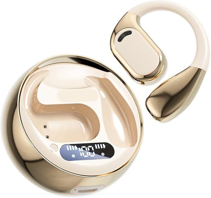 Open Ear Earbuds Wireless Earbuds Bluetooth 5.4, LED Display Bluetooth Earphone for Workout/Running, AI Noise Reduction Touch Controls, 72hr Playtime,Waterproof(Gold)