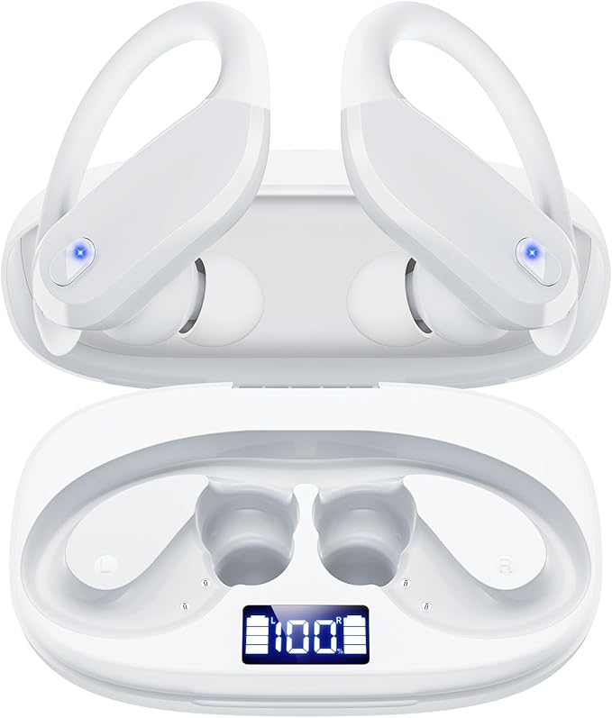 Bluetooth Earbuds with Ear Hooks, Wireless Sport Headphones with LED Display Charging Case, HiFi Stereo, Noise Cancelling, IPX7 Waterproof, in-Ear Workout Earphones with Mic-Pearly