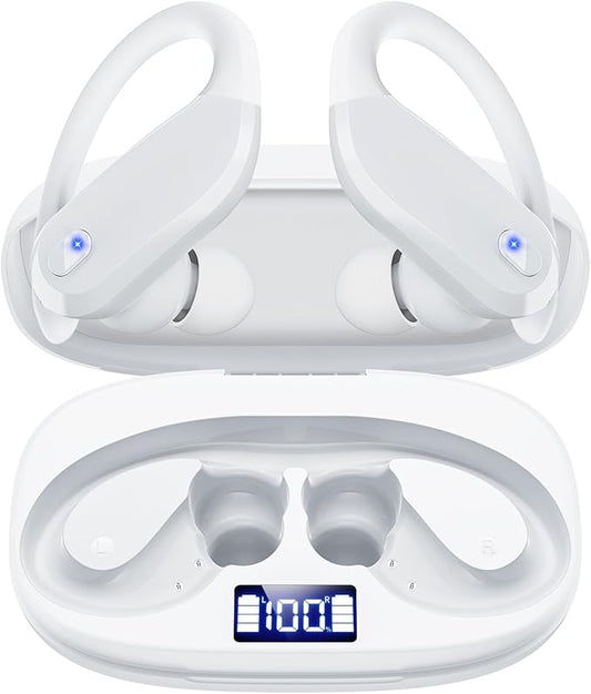 Bluetooth Earbuds with Ear Hooks, Wireless Sport Headphones with LED Display Charging Case, HiFi Stereo, Noise Cancelling, IPX7 Waterproof, in-Ear Workout Earphones with Mic-Pearly