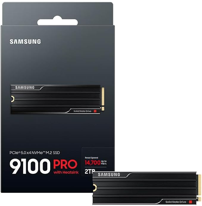 Samsung SSD 9100 PRO with Heatsink 2TB, PCIe 5.0x4 M.2 2280, Seq. Read Speeds Up to 14,700/13,400 MB/s, Best for AI Computing, Gaming, and Heavy Duty Workstations (MZ-VAP2T0CW)