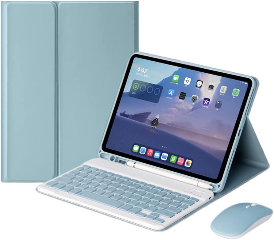 AnMengXinLing Keyboard Case for iPad Air 11 inch (M3 2025/M2 2024) with Mouse, Case for iPad Air 5th/4th Gen with Keyboard Cover with Pencil Holder, Blue