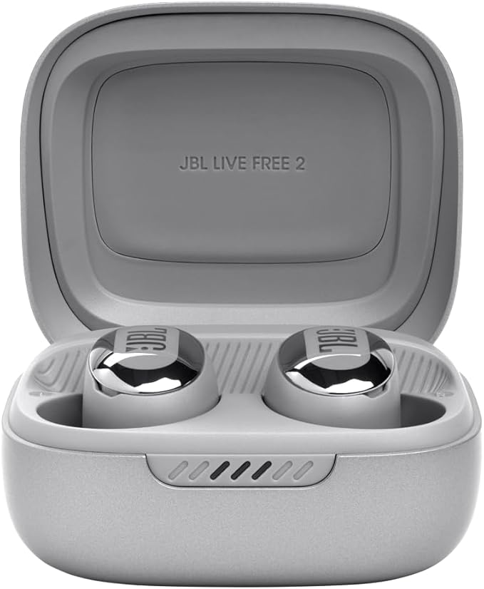 JBL Live Free 2 - True Wireless Noise Cancelling Earbuds, Up to 35hrs of Playtime, 6 mics for Perfect Calls with Zero Noise, IPX5 Waterproof, Oval Tubes for Better Comfort, Isolation, & bass (Silver)