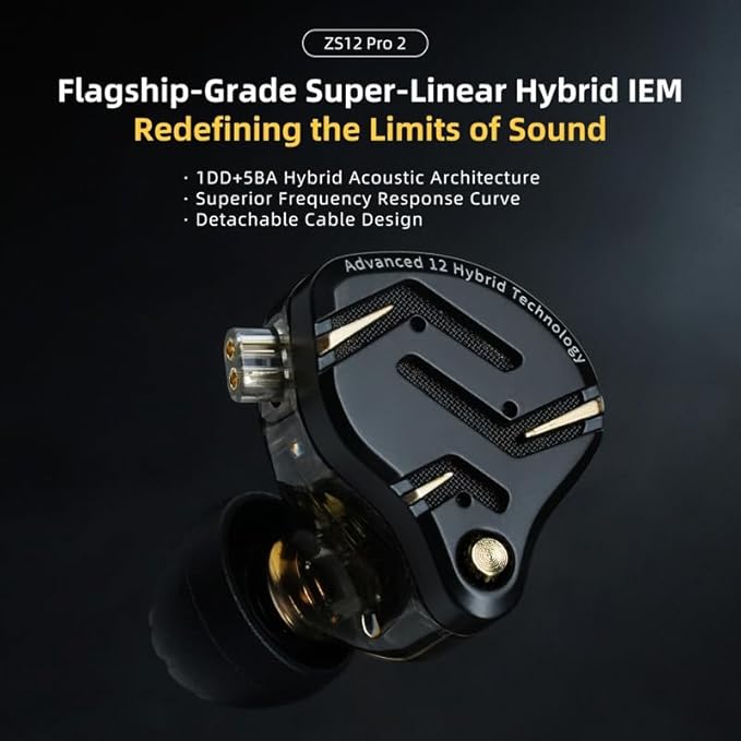 KZ ZS12 PRO 2 in Ear Monitor Headphones, 5BA+1DD 6 Hybrid Driver Gaming Earbuds Wired Earphones, HiFi Clarity Sound Immersive Bass IEMs for Gaming Musicians Singers Audiophiles (Black with Microphone)