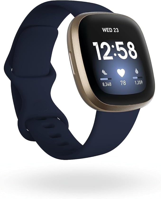 Fitbit Versa 3 Health & Fitness Smartwatch with GPS, 24/7 Heart Rate, Alexa Built-in, 6+ Days Battery, Midnight Blue/Gold, One Size (S & L Bands Included)