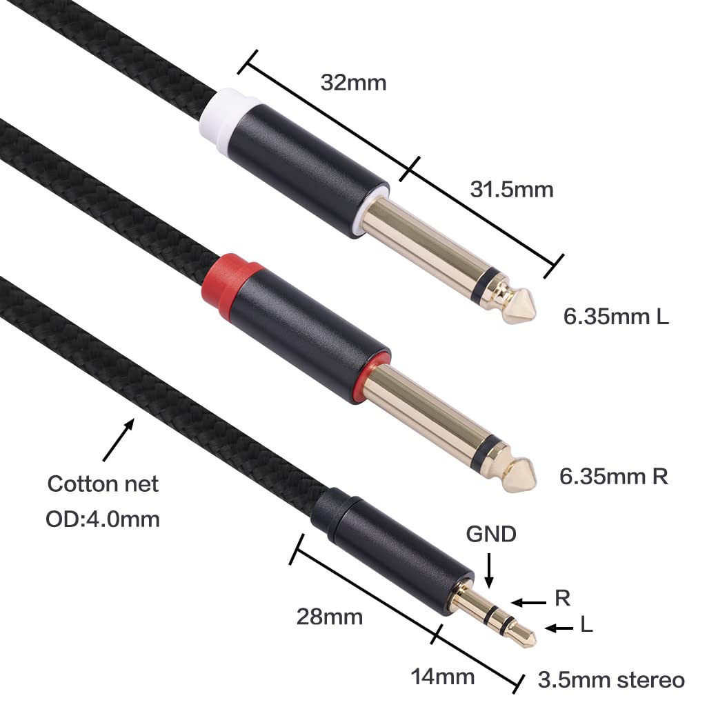 3.5mm to Dual 1/4 Adapter 1/8 to 6.35mm TS Mono Audio Cable Stereo Breakout Cord Y Splitter Compatible with iPhone, iPod, Computer Sound Card, Headphone, Speaker, Home Stereo System (3.3FT/1Pack)