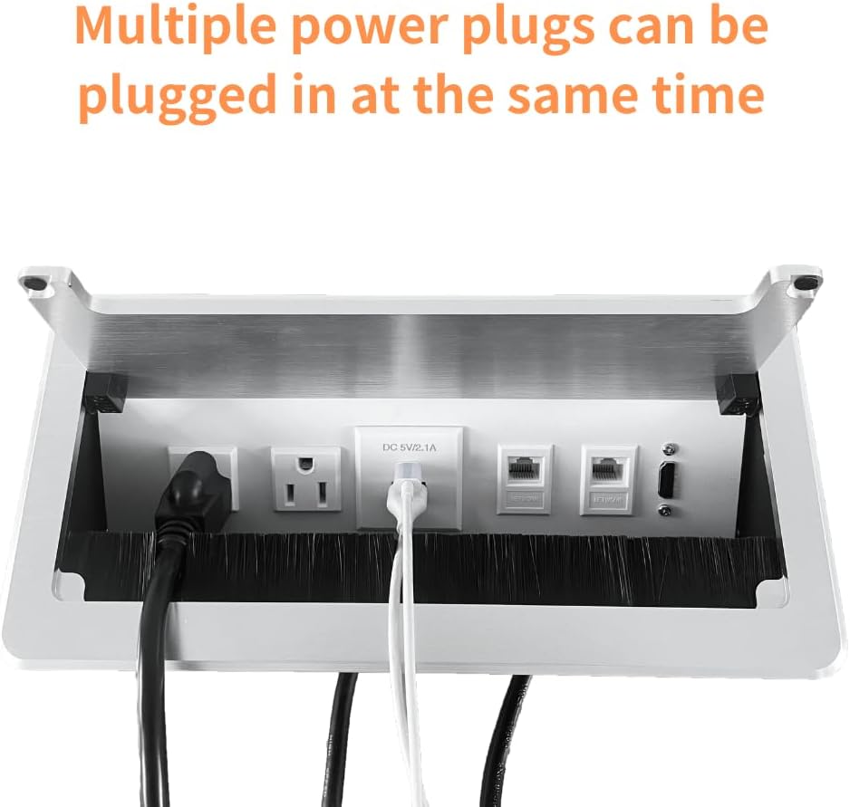 ZESHAN Conference Table Power hub Conference Table connectivity Box with 45 Degree Angle Convenient Plug-in Socket, Power Fully Enclosed Bottom Box Power Socket, USB, Type C, HDMI, RJ45, Silver