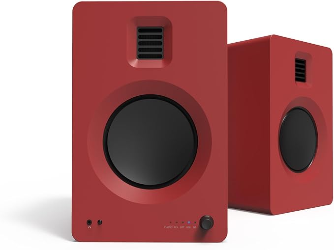 Kanto TUK Powered Speaker with Headphone Out | Built-in USB DAC | Dedicated RCA with Phono Pre-amp | Bluetooth | AMT Tweeter | 5.25" Driver | Pair | Matte Red