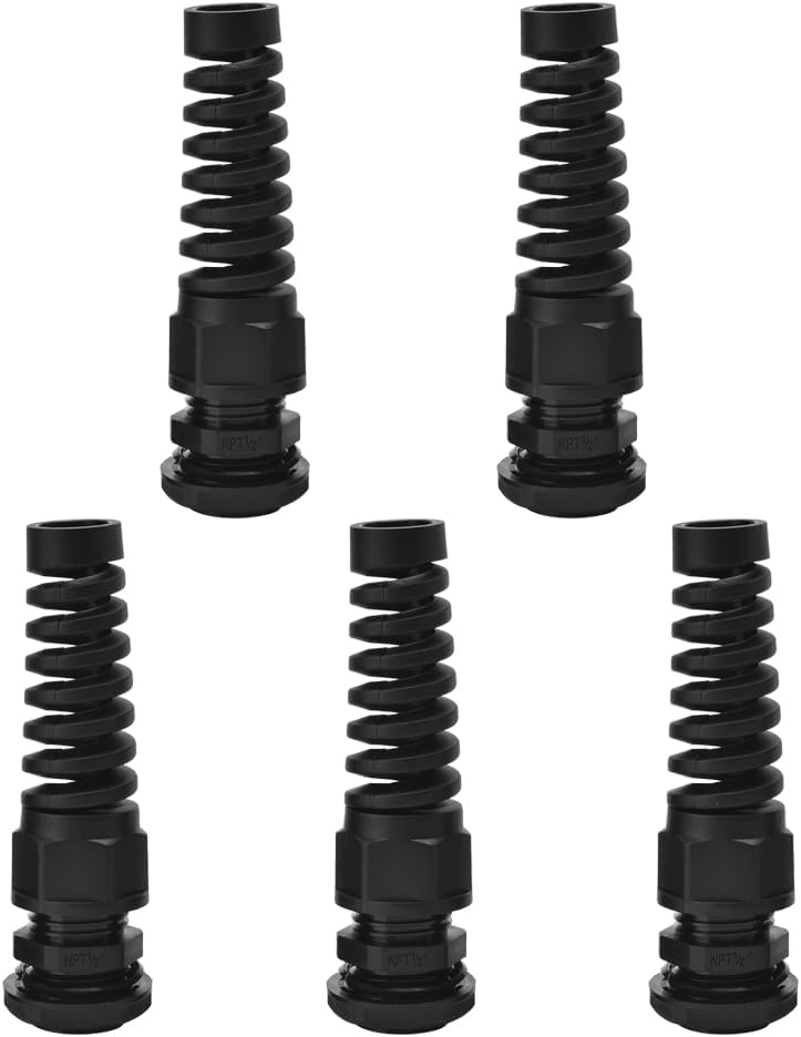 Strain Relief Cord Connector, CGELE 5 Pack NPT 1/2" Waterproof Cable Gland Cord Grip Spiral Adjustable Connector Strain Relief Cord Connectors Joints Nylon with Gaskets