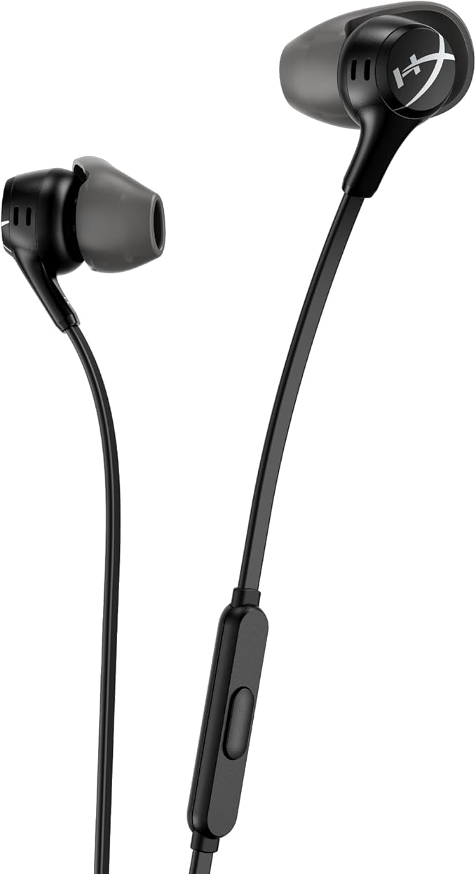 HyperX Cloud Earbuds II – 14mm Drivers, Four Eartips, Hard-Shell Carrying Case, Low-Profile 90° Plug, 3.5mm Plug, Built-in Microphone, Multi-Function Button, PC, Mobile, Nintendo Switch – Black