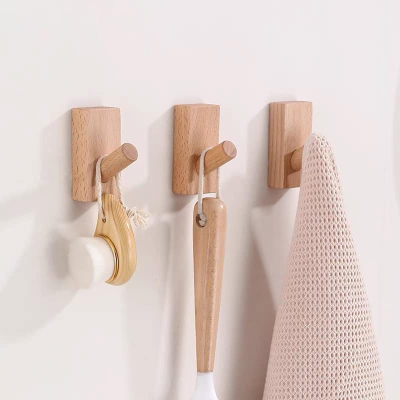 HomeDo 4Pack Adhesive Wall Hooks Hat Rack, Wooden Coat Hooks Wall Mounted, Decorative Hooks Single Organizer Hat Hanger Towel Rack, Heavy Duty Hooks (Rectangle-Beech,4P)