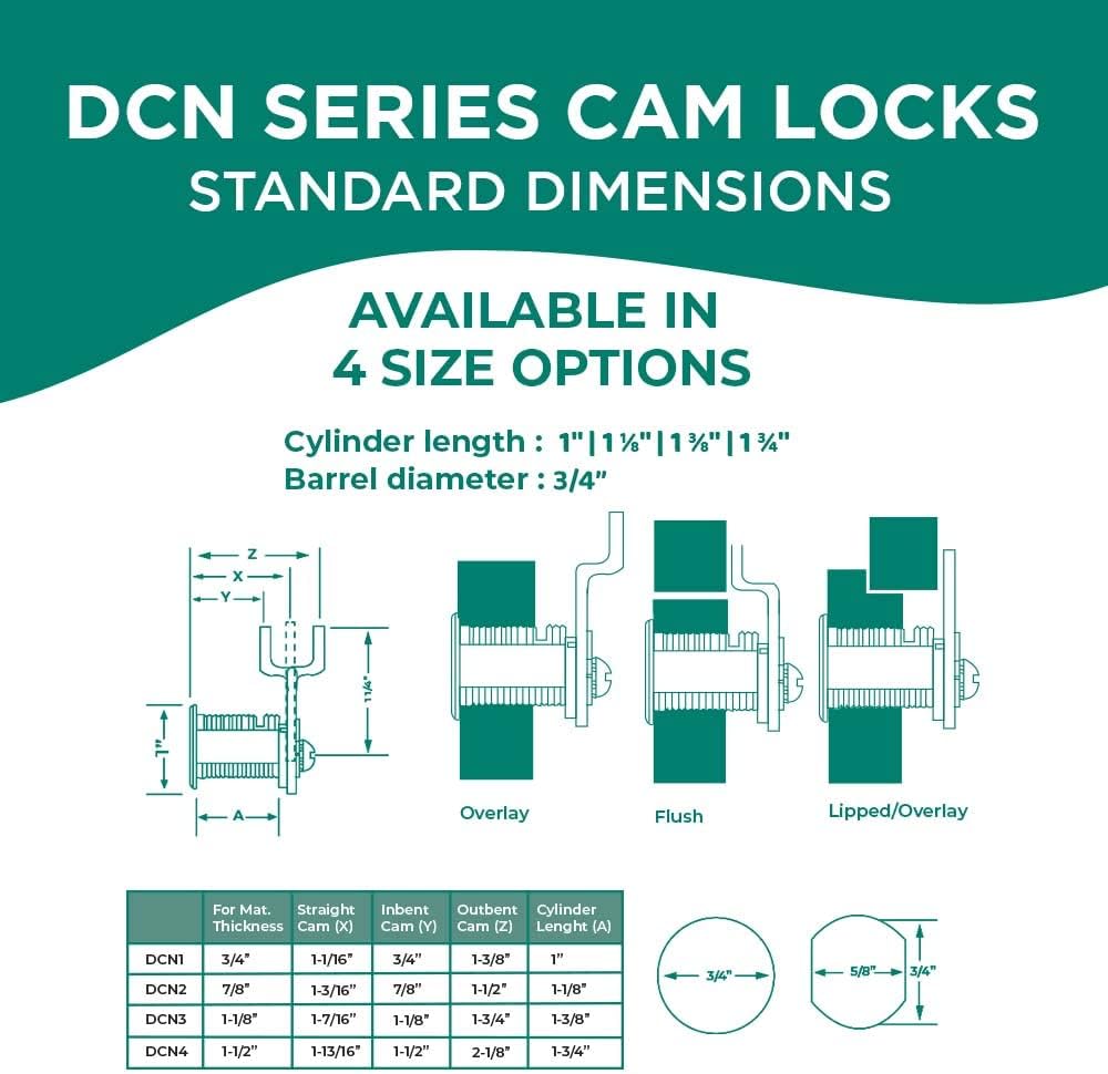 Olympus Lock DCN4 Rekeyable Cam Lock | 1-3/4" Cylinder KD Key Lock, Keyed Different | US26D Chrome Cabinet Lock | Grade 1 | Reversible for Doors & Drawers