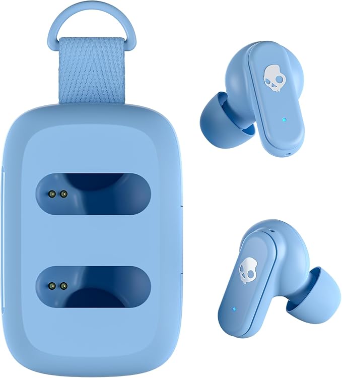 Skullcandy Dime 3 Wireless Earbuds, Bluetooth Headphones, Noise Isolating Fit, Up to 20 Hours Battery, Microphone for iPhone Android, Easy Carry with Integrated Lanyard - Preppy Blue