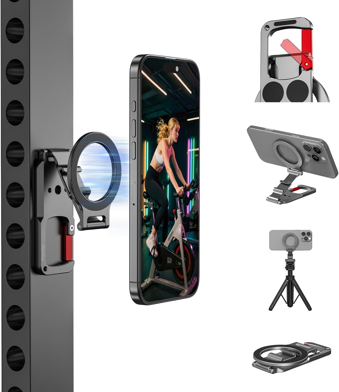 Magnetic Phone Mount for MagSafe, Maglock Tripod Adapter Magnet Golf Gym Workout Stand Metal Carabiner Holder with 1/4 Screw Hole, for iPhone 16 15 14 13 12 Series Foldable Portable Accessories