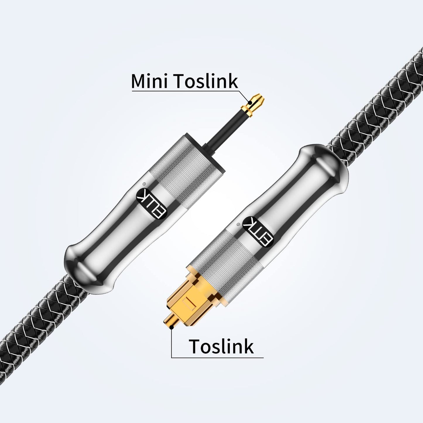 EMK 24K Gold-Plated Toslink to Mini Toslink Cable (5ft/1.5M) - Digital Optical Audio Cable with 3.5mm Mini Plug for Soundbar, Home Theater, TV - Silver SPDIF Fiber Optic Cable