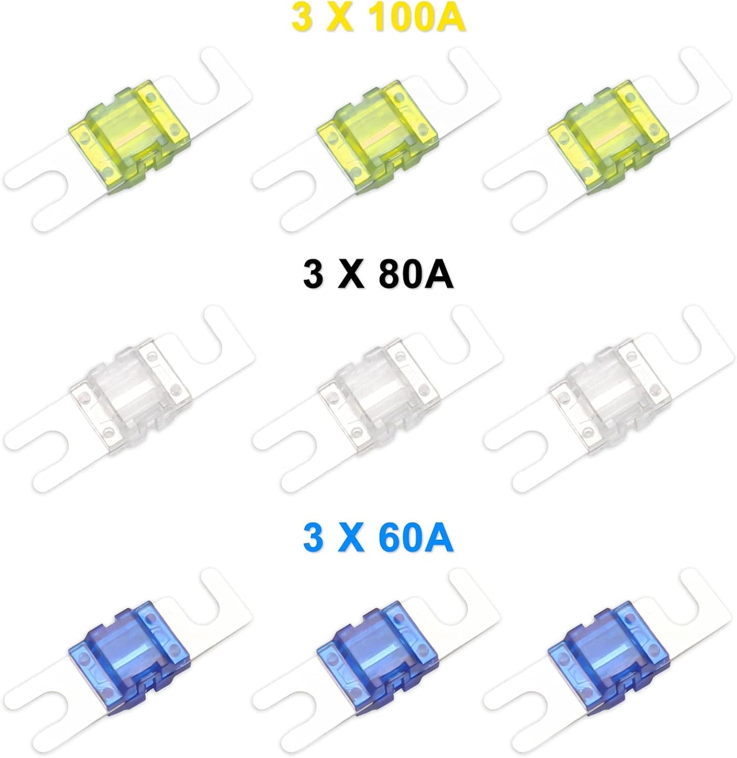Recoil MFH13 3-Way Mini-ANL Fused Distribution Block, 3 X 0/2/4 Gauge in / 3 X 4/8 Gauge Out Fused Distribution Block with 60A, 80A, 100A Fuses, Solid Brass for Maximum Power Transfer