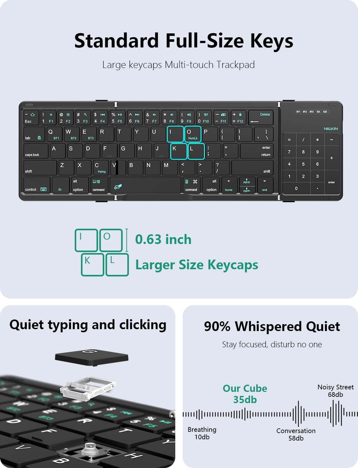 Nillkin Foldable Bluetooth Keyboard with Touchpad & Number Pad, Portable Bluetooth Keyboard with Full Size Keys, Pocket-Sized Wireless Travel Keyboards for iPad, Smartphone, Tablet and Laptop Black
