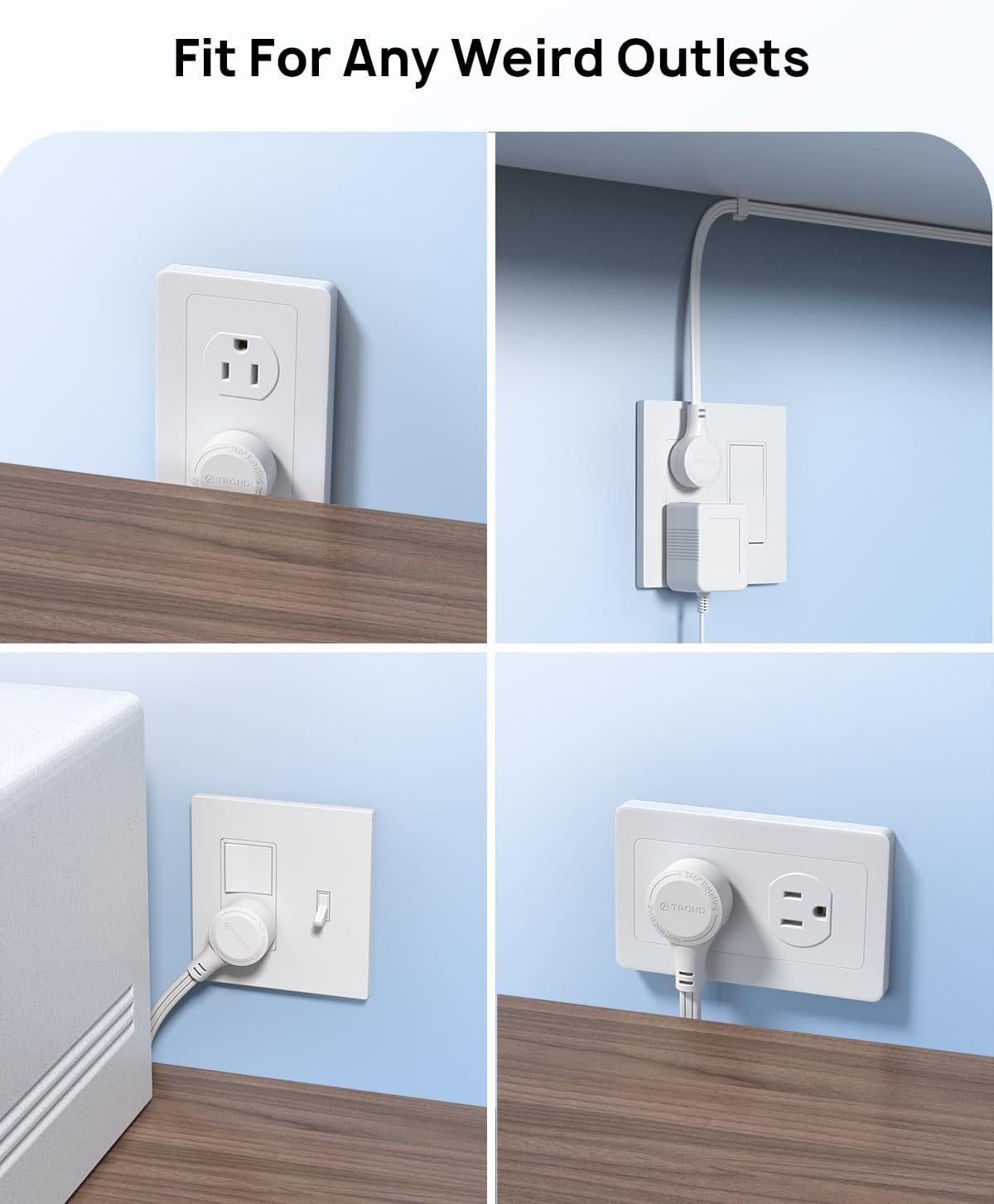 TROND Flat Extension Cord 15ft with 360° Rotating Plug, Low Profile Small Power Strip, 3 Prong Grounded Outlets Cube, 13A, SPT 16/3 AWG Cable, for Indoor Home Office Kitchen Cruise Essentials, White