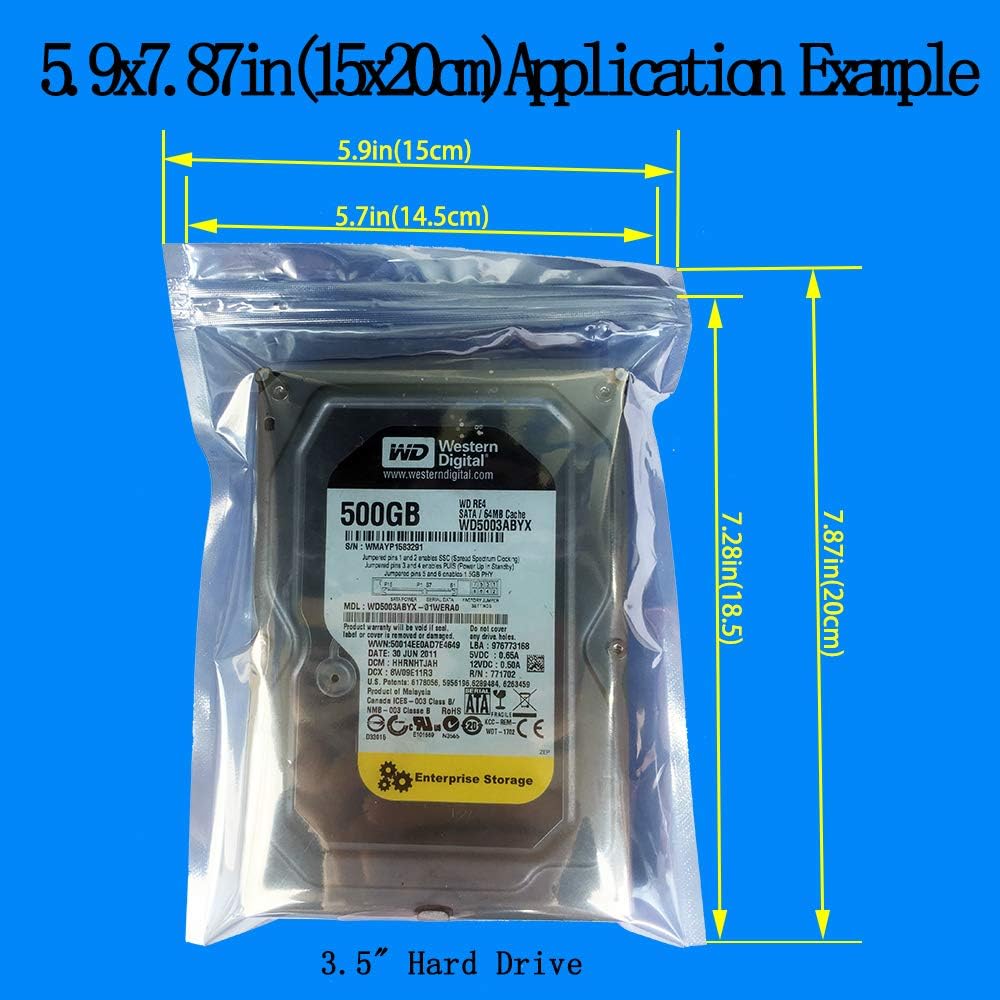 50pcs Anti Static Bags,5.9x7.87in/15x20cm Resealable ESD Bags for SSD HDD with 50pcs Labels, Anti-Static Bag for 3.5'' Hand Drive or Varieties of Electronic Device