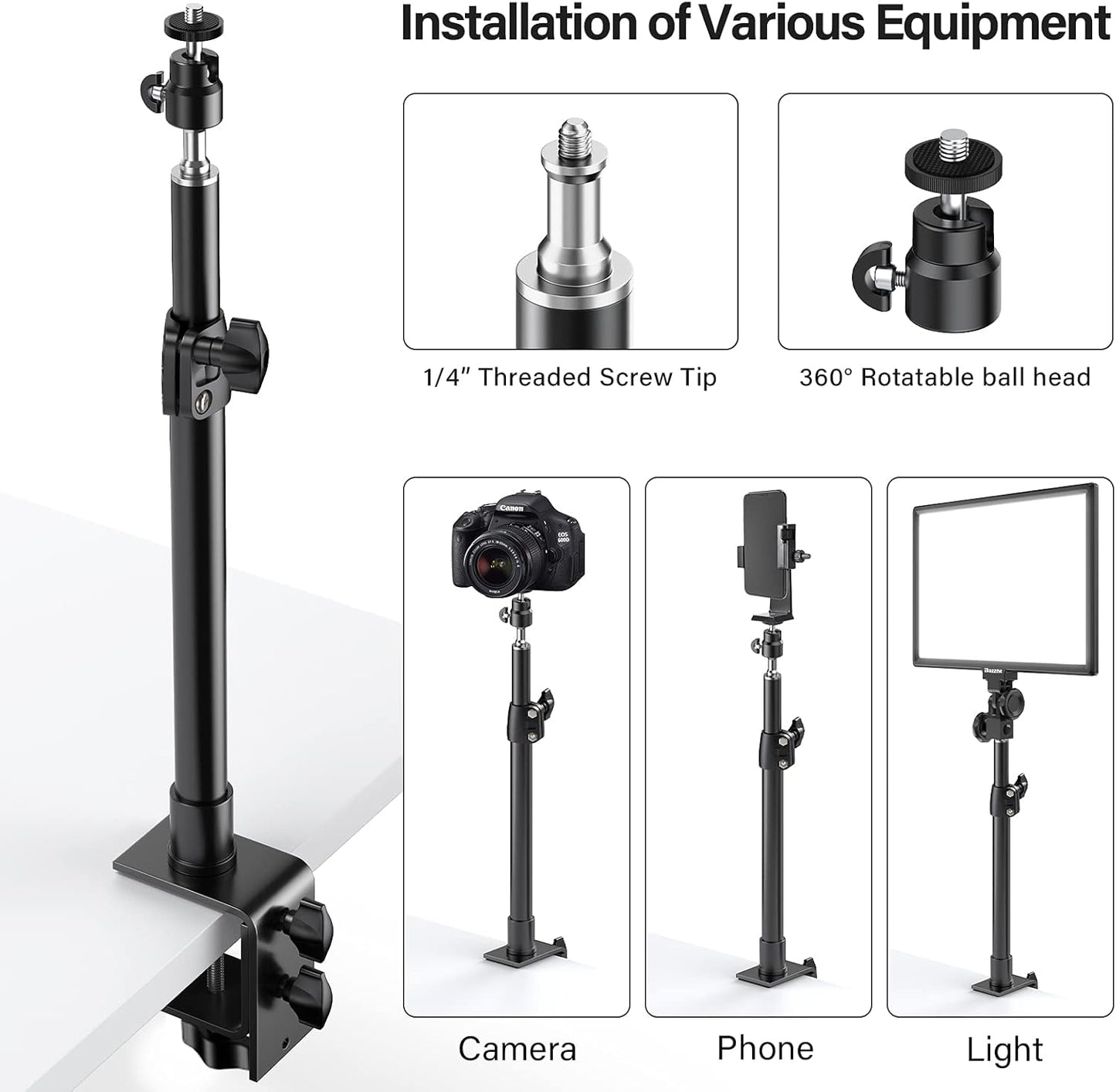 2-Pack Camera Desk Mount Stand with 1/4" Ball Head and Cold Shoe Mount Adapter,12.9-22" Tabletop Mounts Stand, Adjustable Aluminum Desktop Light Stand, for DSLR Camera, Ring Light, Video Light