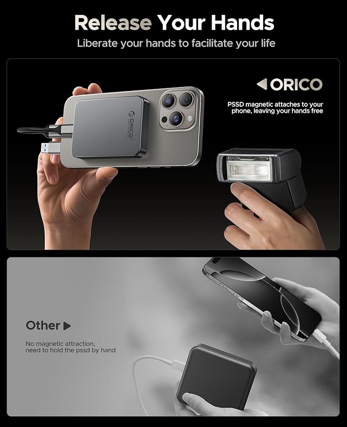 ORICO 480GB Magnetic Portable SSD, Metal Body, 4K 120 fps ProRes HDR Record and Store, Up to 460MB/s, USB C&A 2 in 1 Cable, External SSD Compatible with iPhone 16 Pro Max, Tablet, Computer - K5PLUS