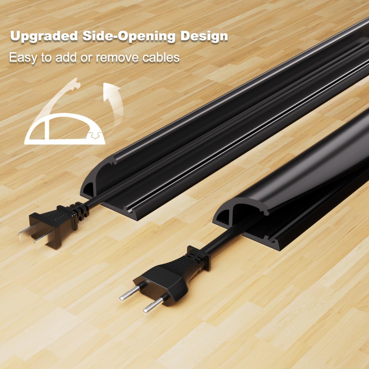 4FT Side-Open Extension Cord Covers for Wires on Floor,Silicone Power Cable Protector Cord Hider Management Strip,Hide Electric Wire on Carpet,Chord Runner Protective Safety Wiremold,Black